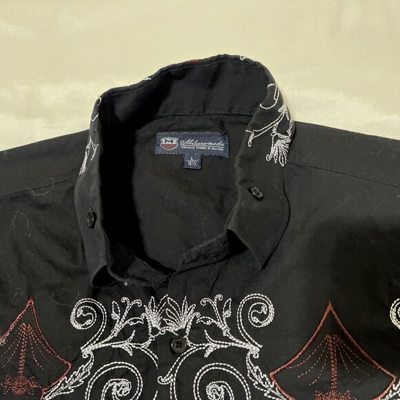 Milano Moda Men's L Long Sleeve Western Button Front Embroidered Black Shirt - Picture 3 of 9